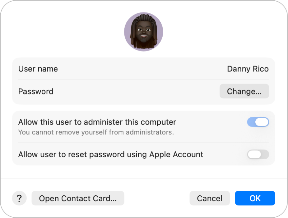 Users & Groups user settings for a selected user. At the top are the user picture, username and the Change button for the password. Below that are options to allow the user to administer the computer and reset their password using their Apple Account. At the bottom are the Help button, a button to open the user’s contact card, and the Cancel and OK buttons.