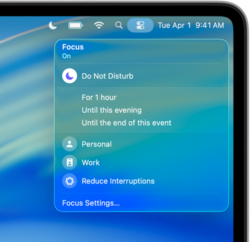 The Focus status menu open to show the Focus list, including Personal and Work. Do Not Disturb is at the top of the list and is on for one hour.
