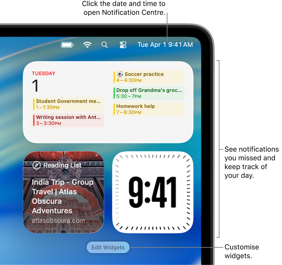 Notifications and widgets in Notification Centre.