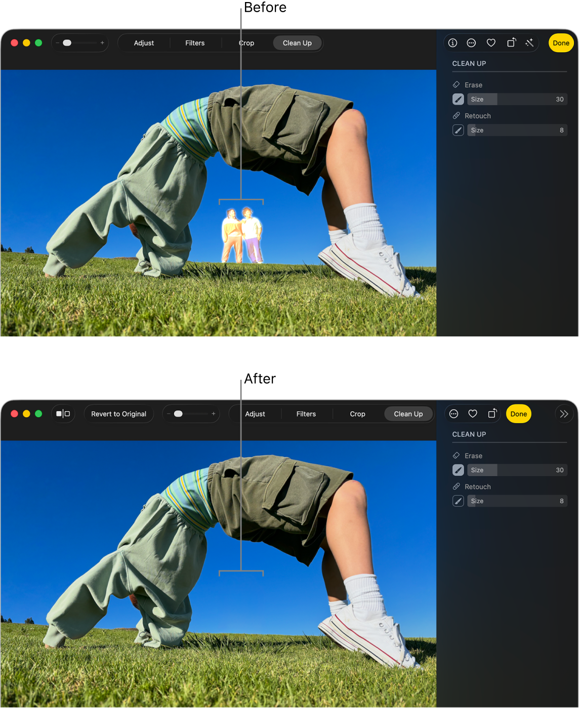 A photo showing a person in the background, and the same photo after using Clean Up, with the person in the background removed.