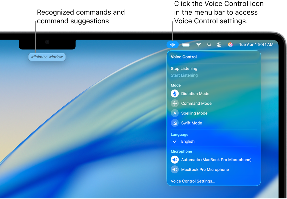 A command suggestion is shown at the top of the desktop. To the right, the Voice Control icon is shown in the menu bar and the Voice Control menu is open.