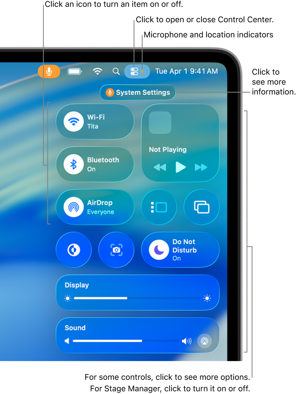 Control Center in the top-right portion of the screen, showing controls for Wi-Fi, Focus, Sound, and Now Playing, among others.
