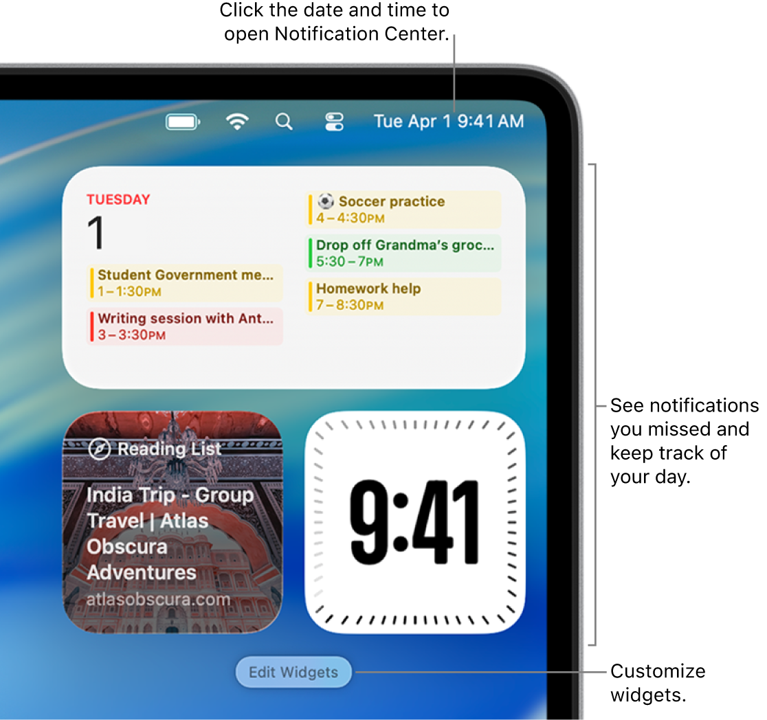 Notifications and widgets in Notification Center.