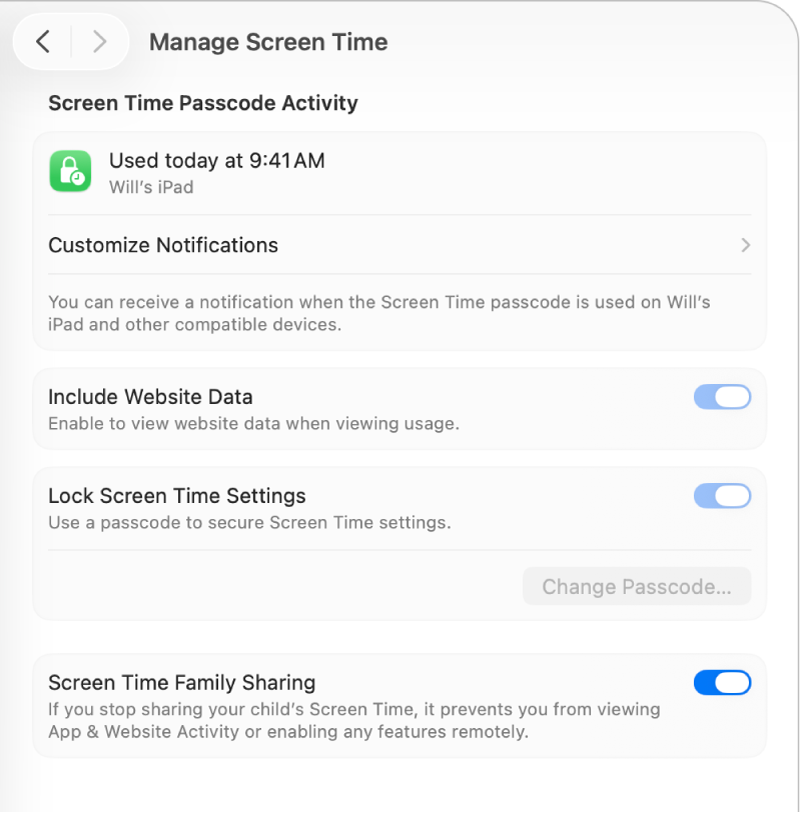 A child’s Screen Time Passcode Activity, showing when the passcode was last used and on which device.