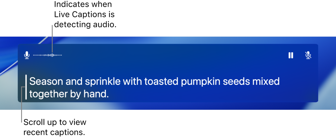 A real-time transcription of the computer’s microphone audio is shown as scrollable text in the Live Captions window.