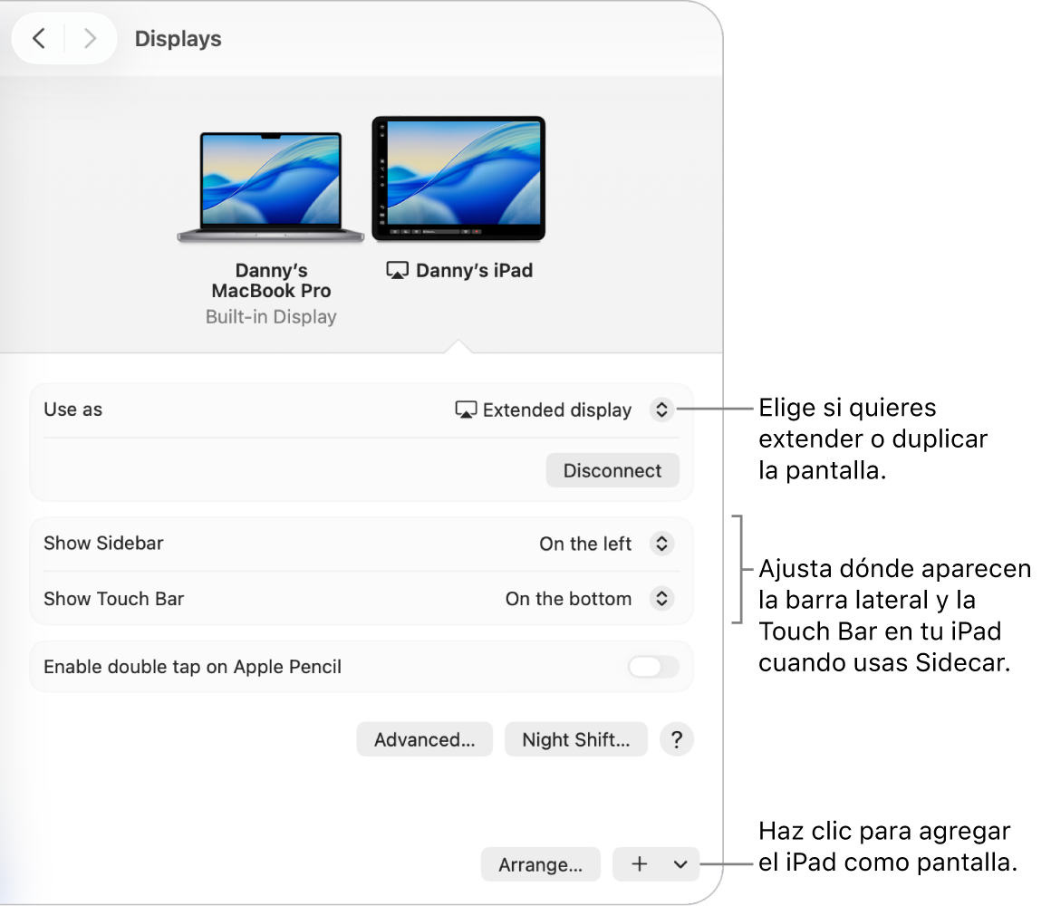 Panel de configuración Pantallas en la Mac que muestra opciones para configurar Sidecar.