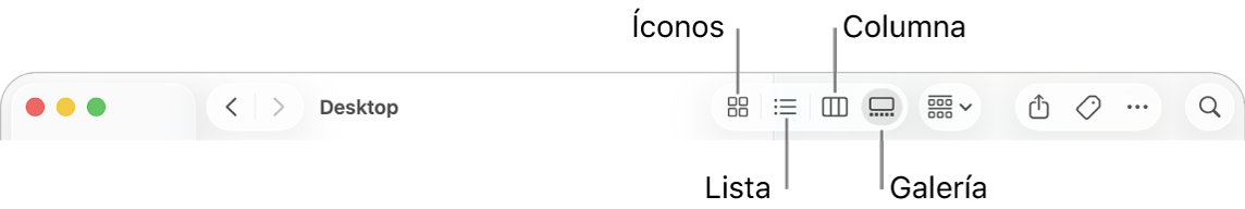 La parte superior de una ventana del Finder, mostrando los botones de la opción Visualización para una carpeta.