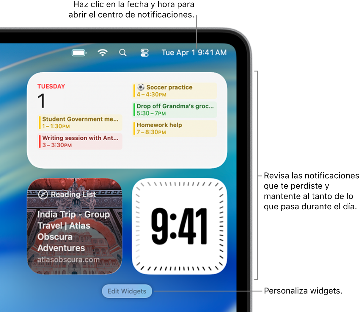 Notificaciones y widgets en el centro de notificaciones.