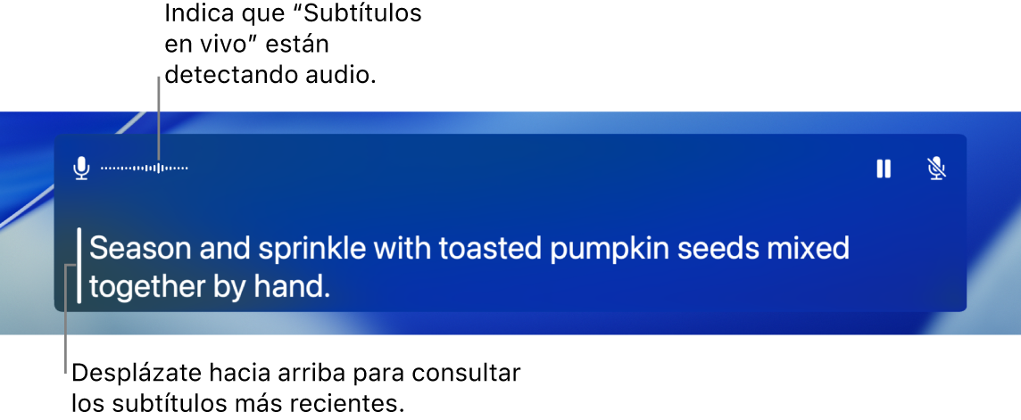 Se muestra una transcripción en tiempo real del audio del micrófono de la computadora como texto navegable en la ventana de Subtítulos en vivo.