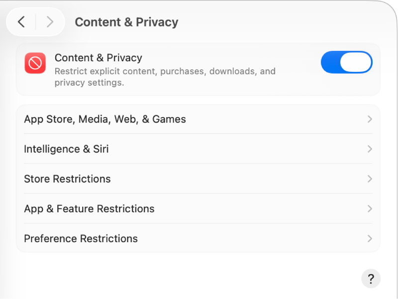 Ajustes de “Contenido y privacidad” de “Tiempo de uso”.