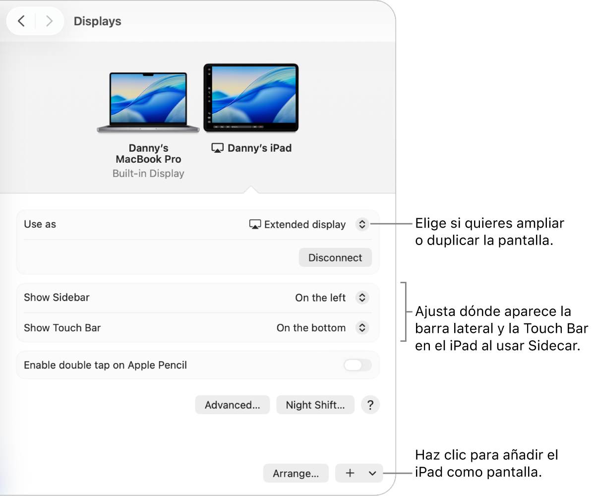 El panel de ajustes Pantallas del Mac con las opciones para configurar Sidecar.