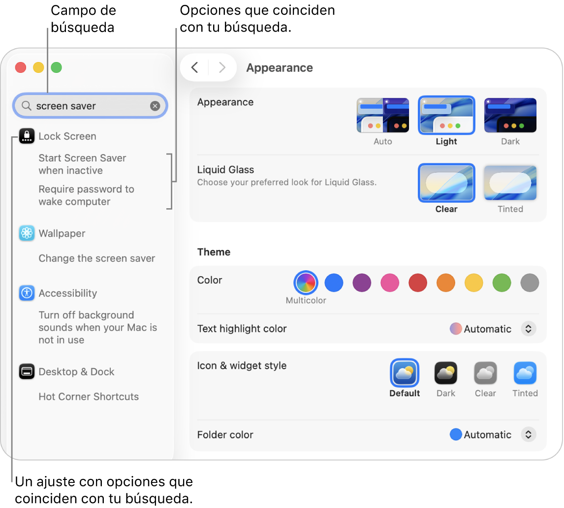 Ventana de Ajustes del Sistema que muestra la palabra “salvapantallas” en el campo de búsqueda y una lista de resultados de búsqueda coincidentes debajo.