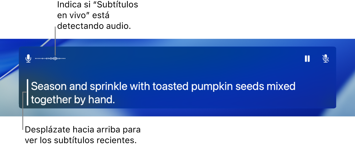 En la ventana de subtítulos en vivo aparece como texto desplazable una transcripción en tiempo real del audio del micrófono.