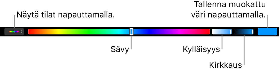 Touch Bar näyttää HSB-väritilan sävy-, kylläisyys- ja kirkkaus-liukusäätimet. Vasemmassa reunassa on painike, jolla näytetään kaikki tilat. Oikealla on painike muokatun värin tallentamiseen.