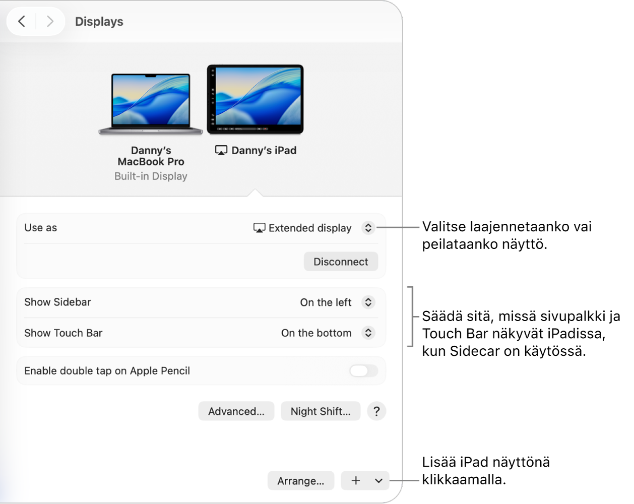 Macin Näytöt-asetusten osio, jossa näkyy Sidecarin käyttöönottoon liittyviä asetuksia.