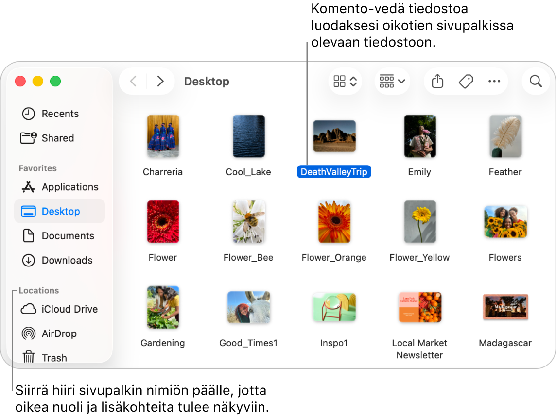 Sijainnit-kohdan oikealle puolella Finderin sivupalkissa on nuoli, jota klikkaamalla näkyviin tulee lisää kohteita. Finder-ikkunassa oikealla on valittuna tiedosto, ja sivupalkissa on oikotie tiedostoon Suosikit-kohdan alla.