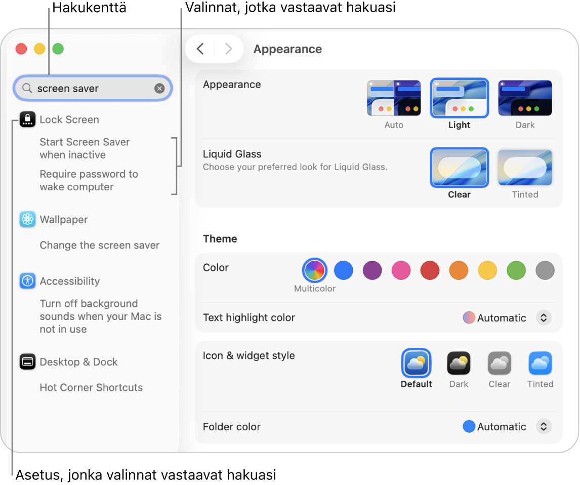 Järjestelmäasetusten ikkuna, jossa näkyy hakukentässä ”näytönsäästäjä” ja luettelo kolmesta sopivasta hakutuloksesta hakukentän alapuolella.