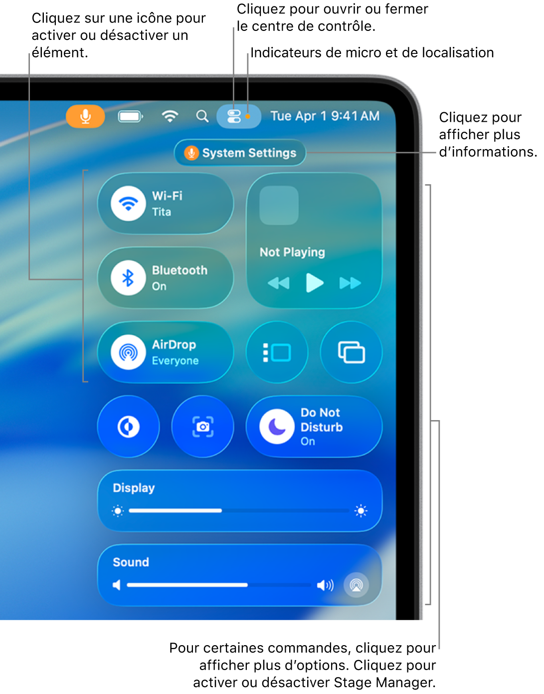 Le centre de contrôle en haut à droite de l’écran qui affiche des commandes pour, entre autres, le Wi‑Fi, Concentration, Son et À l’écoute.