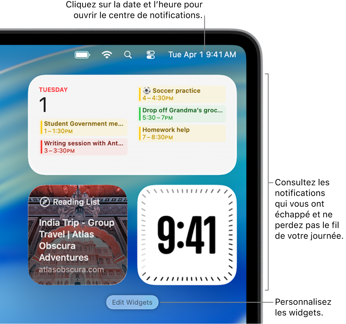 Notifications et widgets dans le centre de notifications.