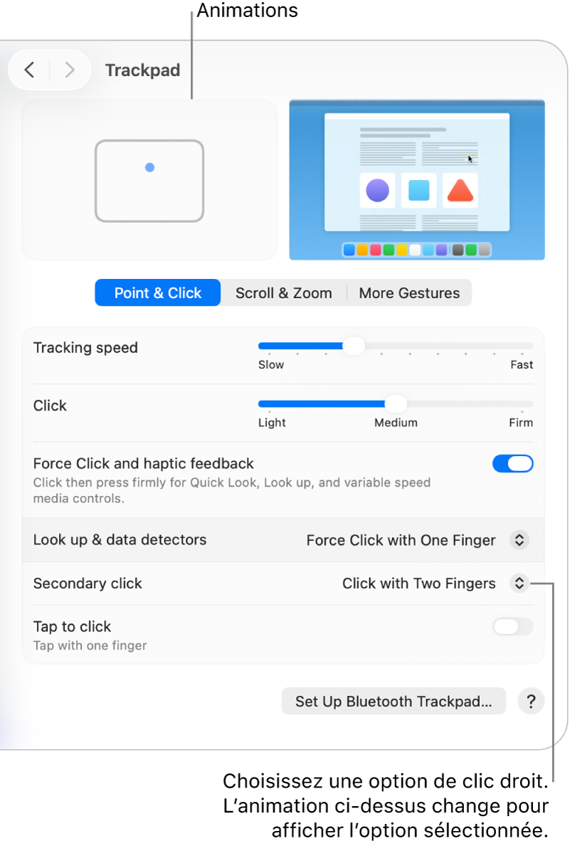 Les Options du pavé tactile dans Réglages système montrant l’option de clic secondaire définie à Cliquer avec deux doigts et l’animation correspondante.