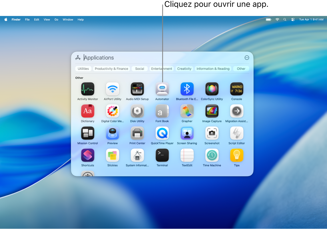 La fenêtre de navigation de l’app dans Spotlight.
