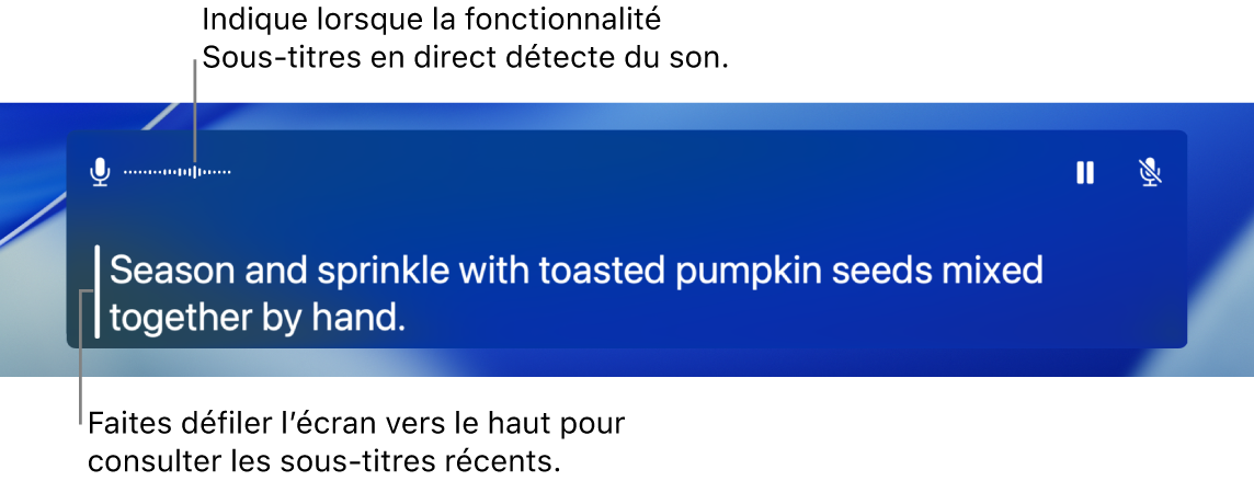 Une transcription en temps réel de l’audio du microphone de l’ordinateur s’affiche sous forme de texte déroulant dans la fenêtre Sous-titres en direct.
