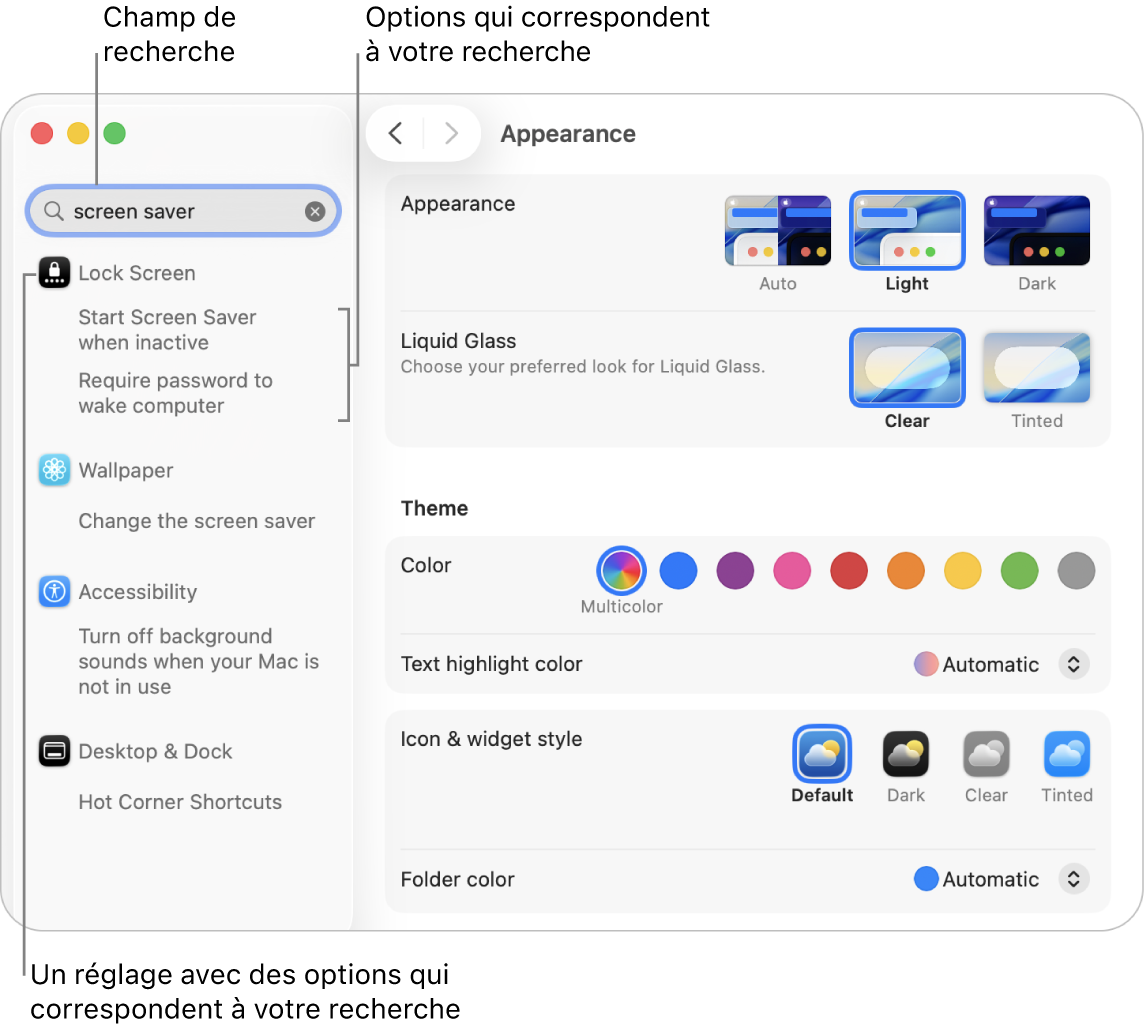 La fenêtre Réglages système affichant « screen saver » (économiseur d’écran) dans le champ de recherche et une liste des résultats correspondant à la recherche en dessous du champ de recherche.