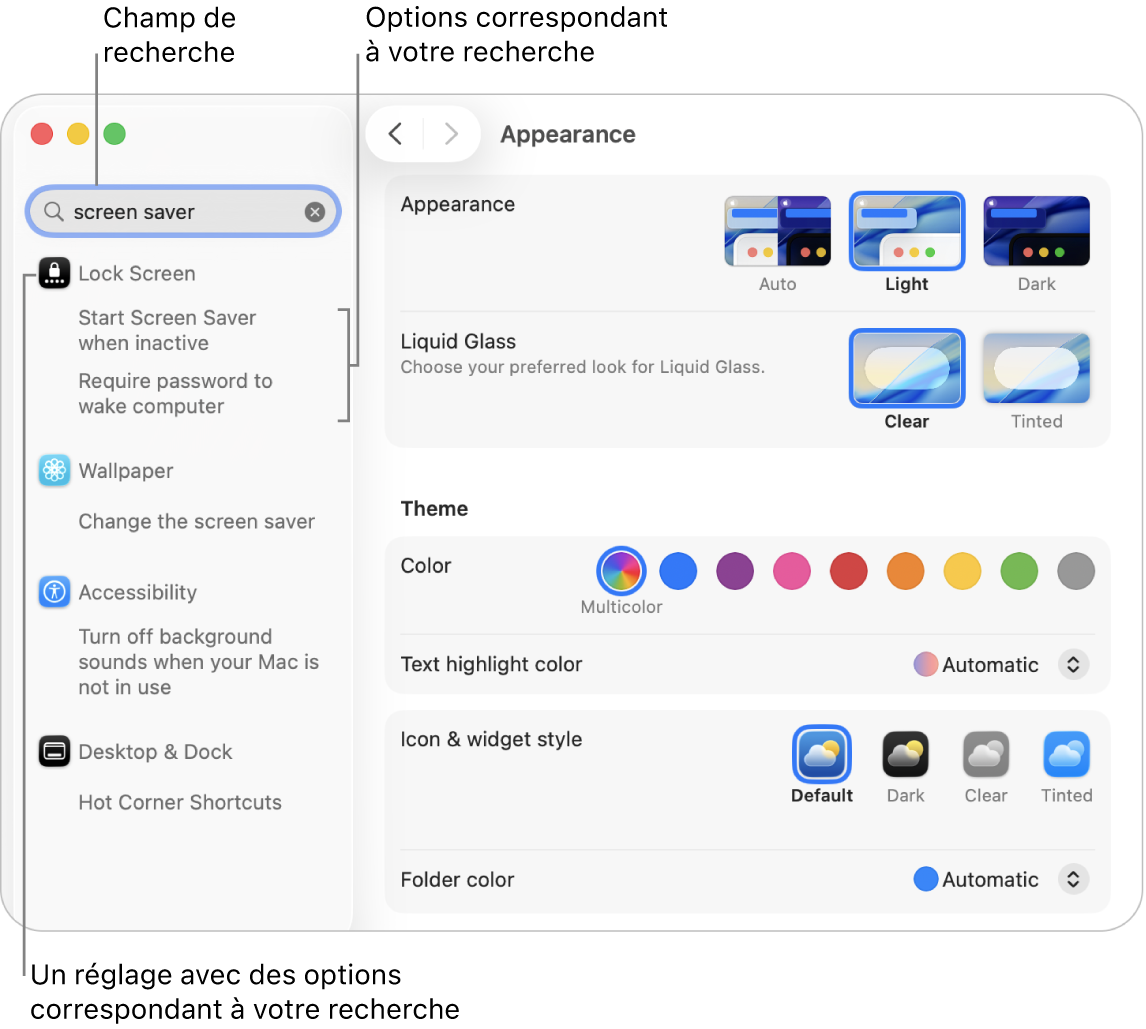 La fenêtre « Réglages Système » affichant « économiseur d’écran » dans le champ de recherche et une liste de résultats de recherche correspondants sous le champ de recherche.