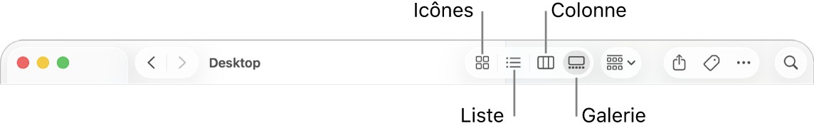 La barre d’outils du Finder montrant les boutons d’options de présentation pour un dossier.