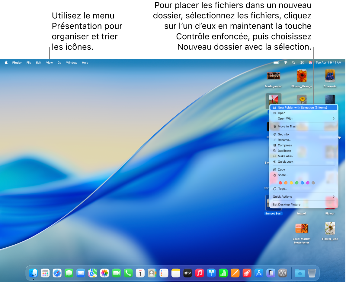 Un bureau avec des fichiers et des dossiers. Plusieurs fichiers ont été sélectionnés afin de les placer dans un nouveau dossier. Un menu local pour un fichier sélectionné s’affiche, avec l’option « Nouveau dossier avec la sélection » sélectionnée.