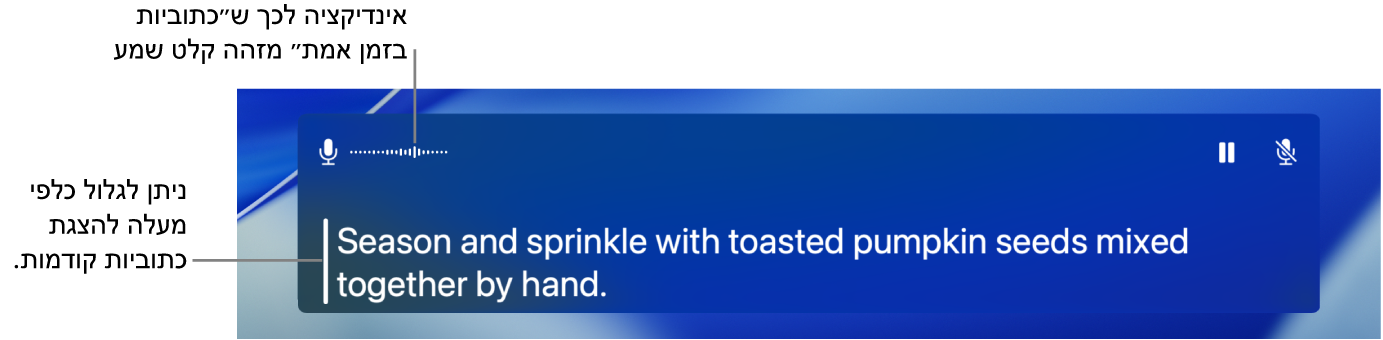 תמלול בזמן אמת של שמע המיקרופון במחשב מוצג כמלל שאפשר לגלול בחלון ״כתוביות בזמן אמת״.