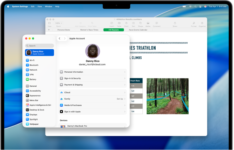 מכתבה של Mac עם הגדרות חשבון ה-Apple שמופיעות ומאחוריהן מסמך Numbers פתוח.