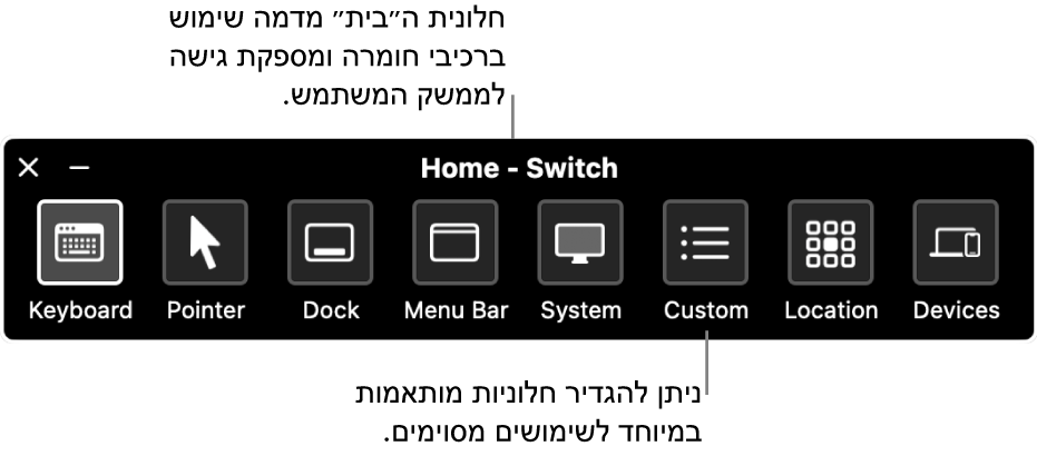 חלונית הבית של ״בקרת מתג״, הכוללת מימין לשמאל את הפריטים הבאים: כפתורים לשליטה במקלדת, המצביע, ה‑Dock, שורת התפריטים, פקדי מערכת, חלוניות מותאמות אישית, מיקום המסך ומכשירים אחרים.