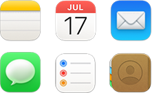 אייקונים של ״דואר״, ״לוח שנה״, ״פתקים״, ״אנשי קשר״, ״תזכורות״ ו״הודעות״