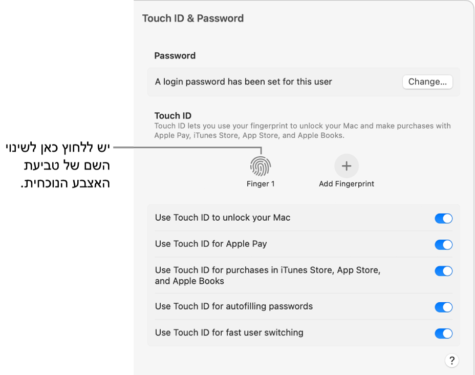 הגדרות ״Touch ID וסיסמה״, כאשר מוצגת טביעת אצבע מוכנה לשימוש לביטול הנעילה של ה‑Mac.