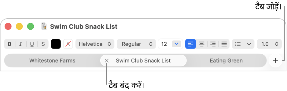 टैब बार में तीन विंडो के साथ TextEdit विंडो, फॉर्मेटिंग बार के नीचे स्थित होता है। एक टैब में “बंद करें” बटन प्रदर्शित होता है। जोड़ें बटन टैब बार के दाएँ सिरे पर स्थित होता है।