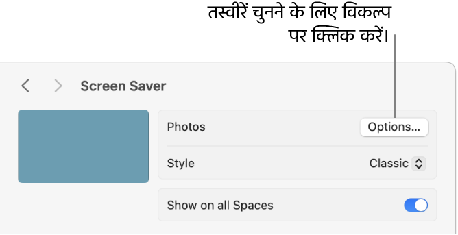 सिस्टम सेटिंग्ज़ विंडो के शीर्ष पर, तस्वीर के विकल्प दिख रहे हैं।