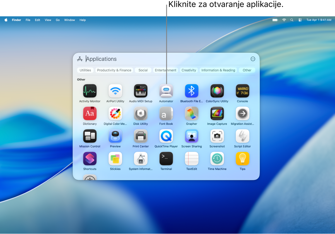 Prozor za pregledavanje aplikacija u Spotlightu.