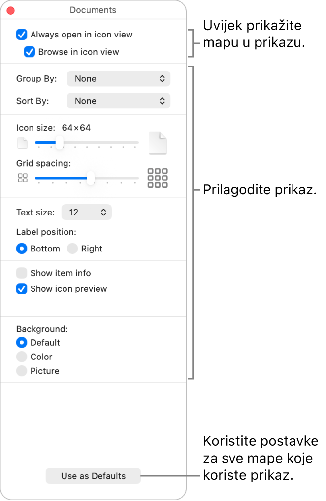 Opcije prikaza ikona za mapu.