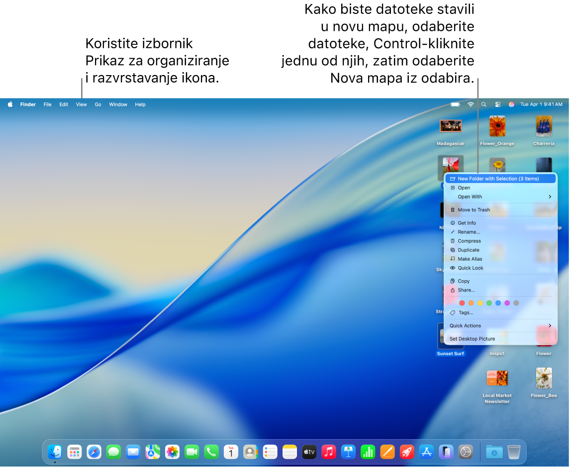 Radna površina s prikazom datoteka i mapa. Odabrano je nekoliko datoteka za stavljanje u mapu. Pojavljuje se skočni izbornik za odabranu datoteku s odabranom opcijom Nova mapa s odabirom.