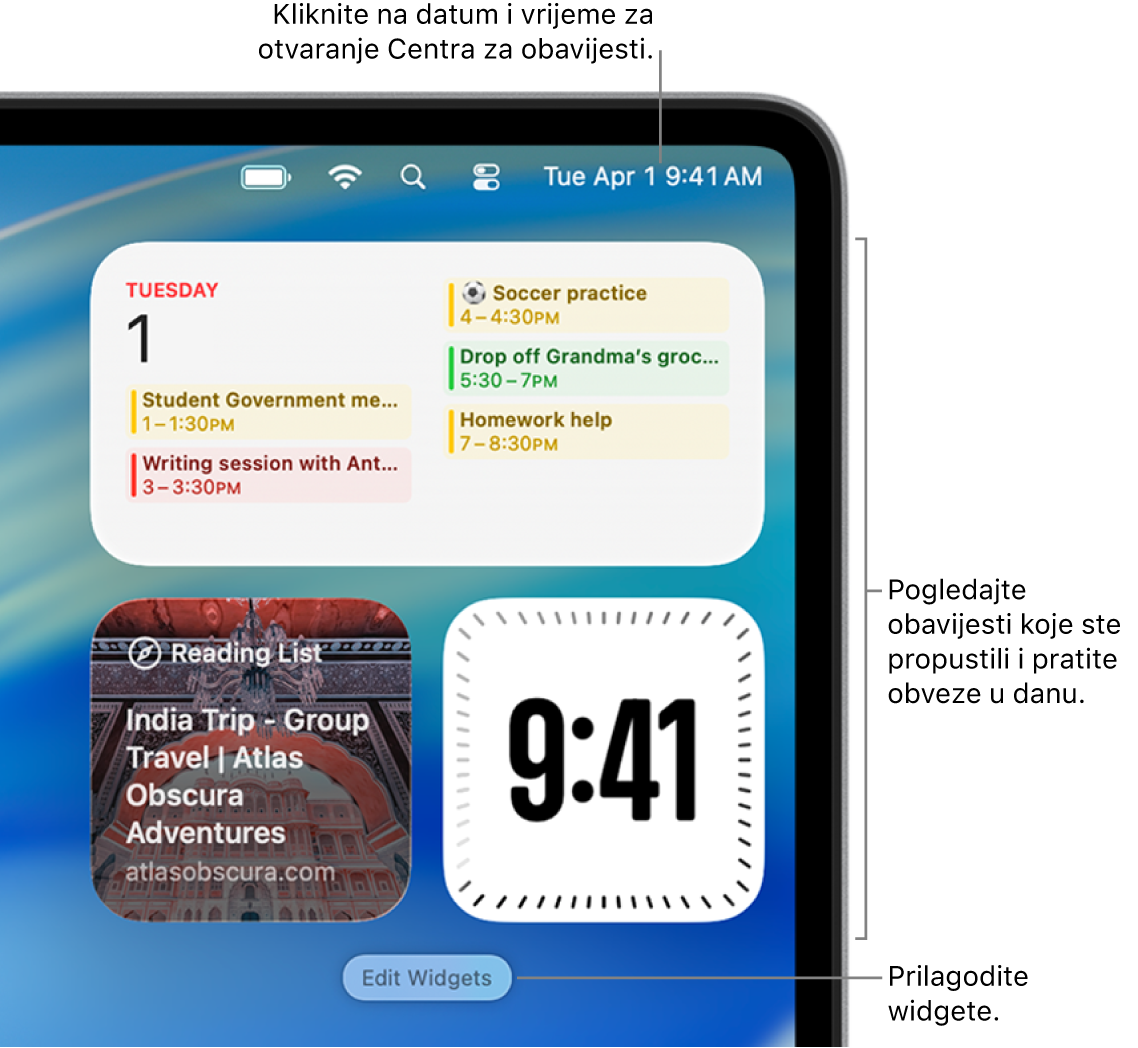 Obavijesti i widgeti u Centru za obavijesti.