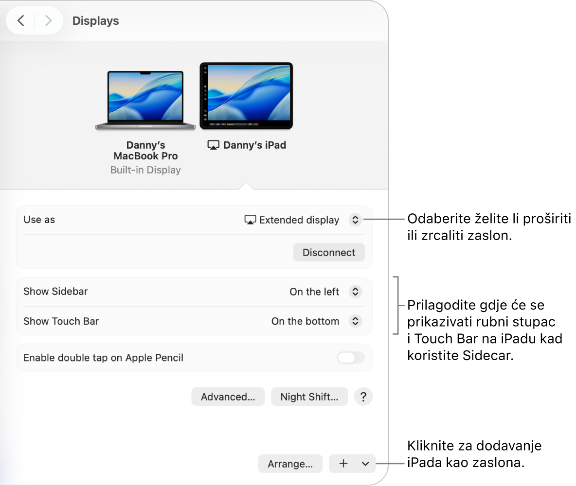 Okno postavki Zasloni na Macu s opcijama za podešavanje Sidecara.