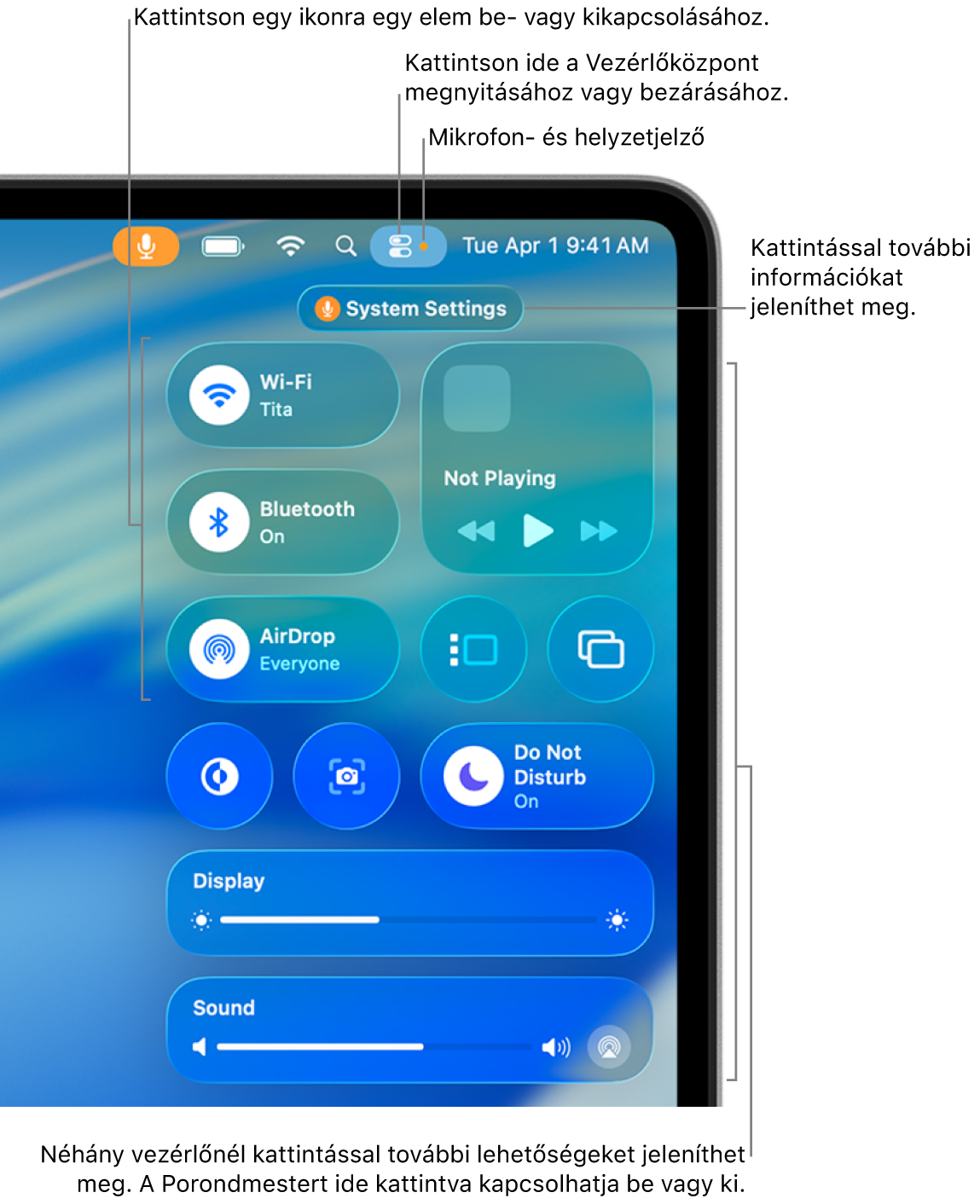 A Vezérlőközpont a képernyő jobb felső részén, többek között a Wi-Fi, a Fókusz, a Hang és a Lejátszás alatt vezérlőkkel.