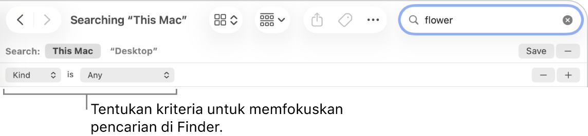 Jendela Finder dengan bidang untuk menetapkan kriteria pencarian.