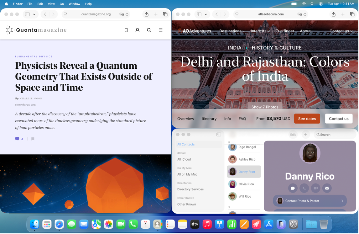 Desktop Mac yang menampilkan tiga jendela yang dikotakkan: satu di sisi kiri, satu di pojok kanan atas, dan satu di pojok kanan bawah.