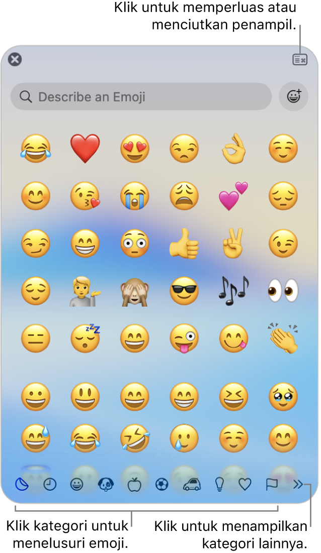 Jendela Penampil Karakter. Klik kategori di bagian bawah untuk menelusuri karakter atau simbol. Di bidang pencarian, masukkan nama atau kode simbol untuk menemukan karakter tertentu. Di pojok kanan atas, klik untuk memperluas atau menciutkan penampil.