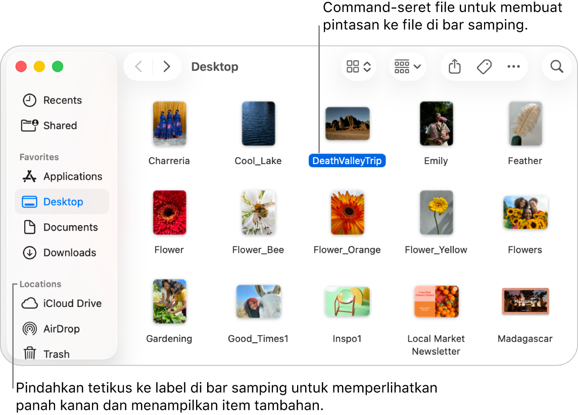 Di sebelah kanan Lokasi di bar samping Finder terdapat panah untuk diklik untuk menampilkan item tambahan. Di jendela Finder di sebelah kanan, file dipilih, dan pintasan ke file berada di bar samping, di bawah Favorit.