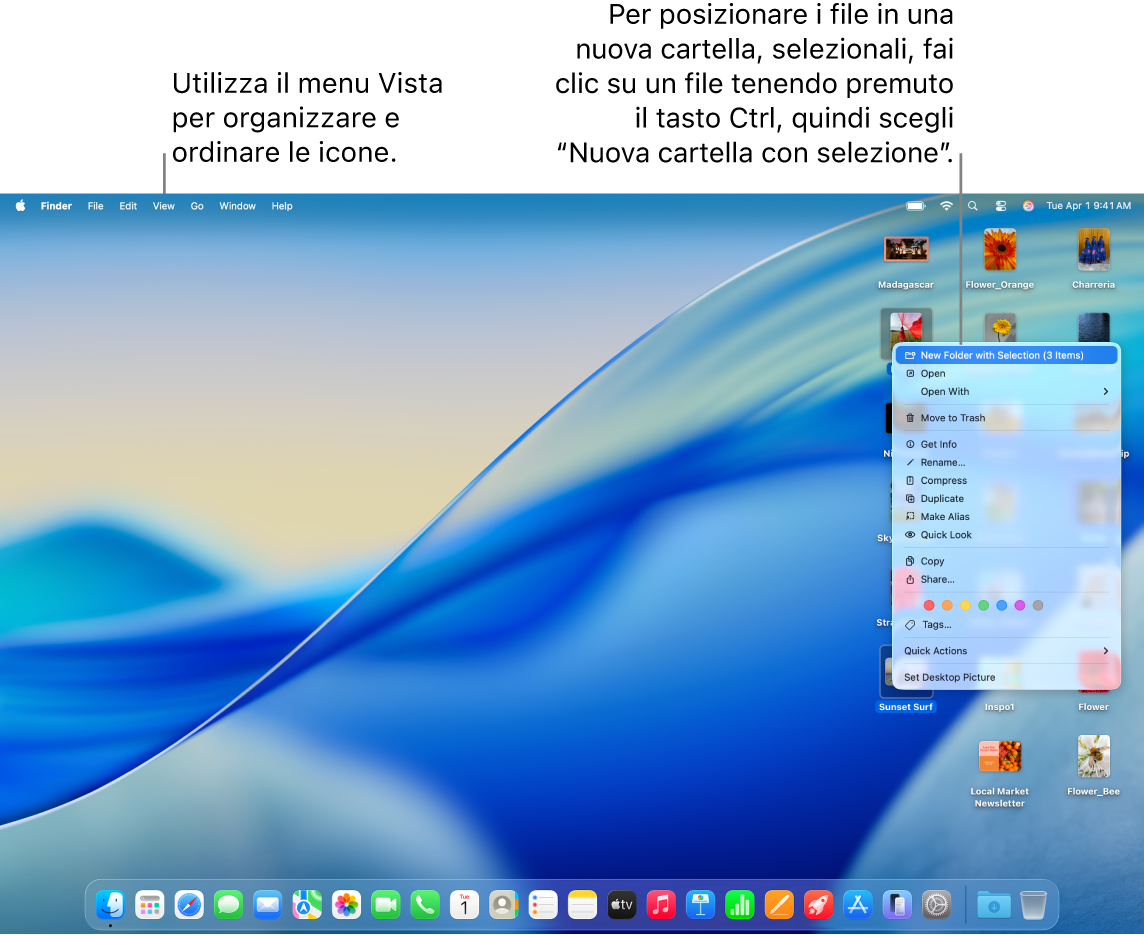 Una scrivania che mostra file e cartelle. Vengono selezionati diversi file da posizionare in una nuova cartella. Viene visualizzata una finestra a comparsa per il file selezionato, con l’opzione “Nuova cartella con selezione” selezionata.