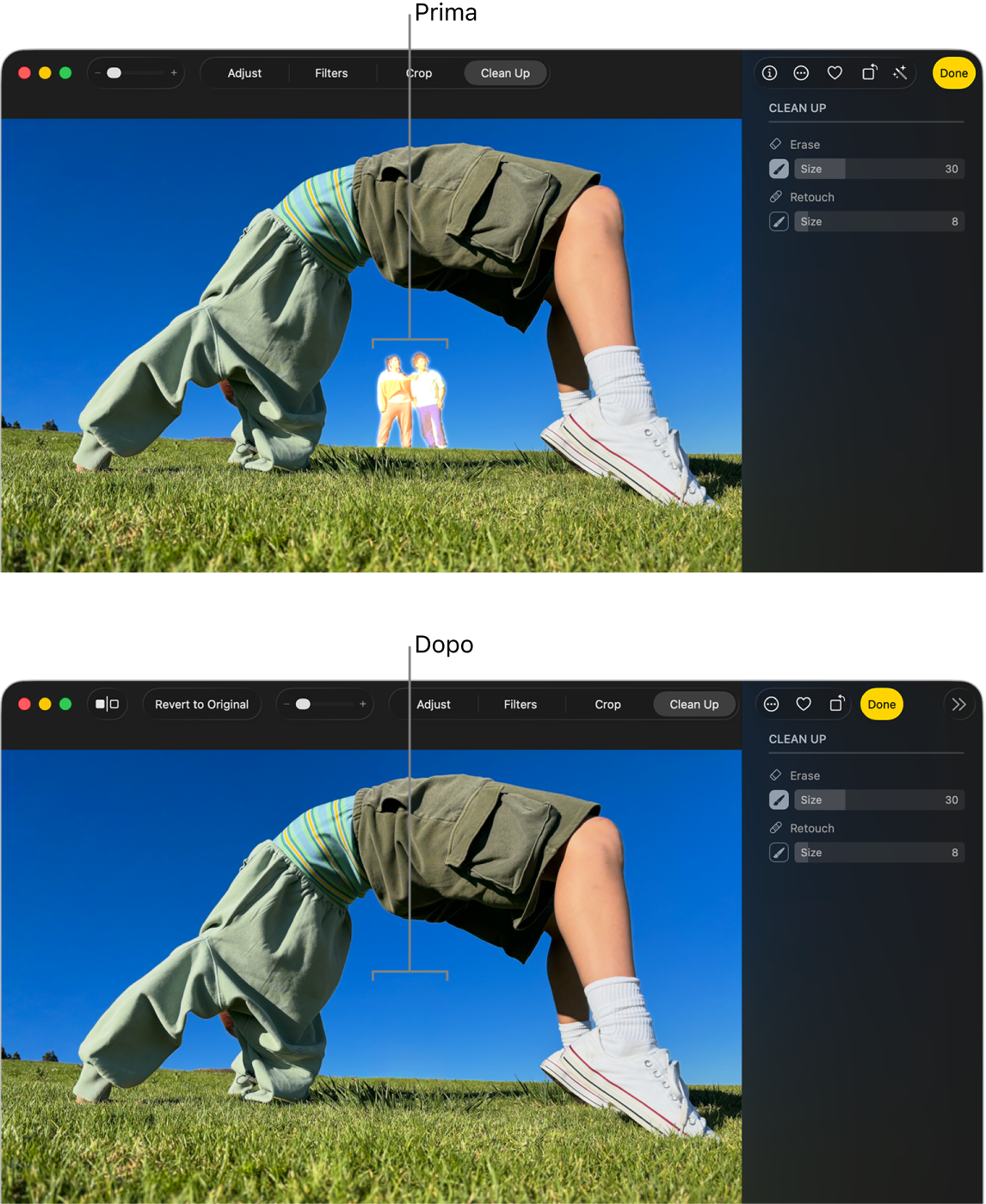 Una foto che mostra una persona sullo sfondo e la stessa foto da cui quella persona è stata eliminata dopo aver utilizzato l’opzione Ripulisci.