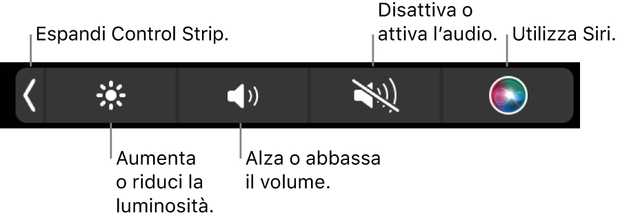 Quando è contratta, Control Strip include i pulsanti, da sinistra a destra, per espandere Control Strip, aumentare o diminuire la luminosità dello schermo e il volume, disattivare o attivare i suoni e utilizzare Siri.